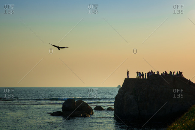 Silhouettes of unrecognizable people standing on rocky cliff and admiring spectacular sunset over calm sea with bird flying against colorful evening sky in Galle city in Sri Lanka