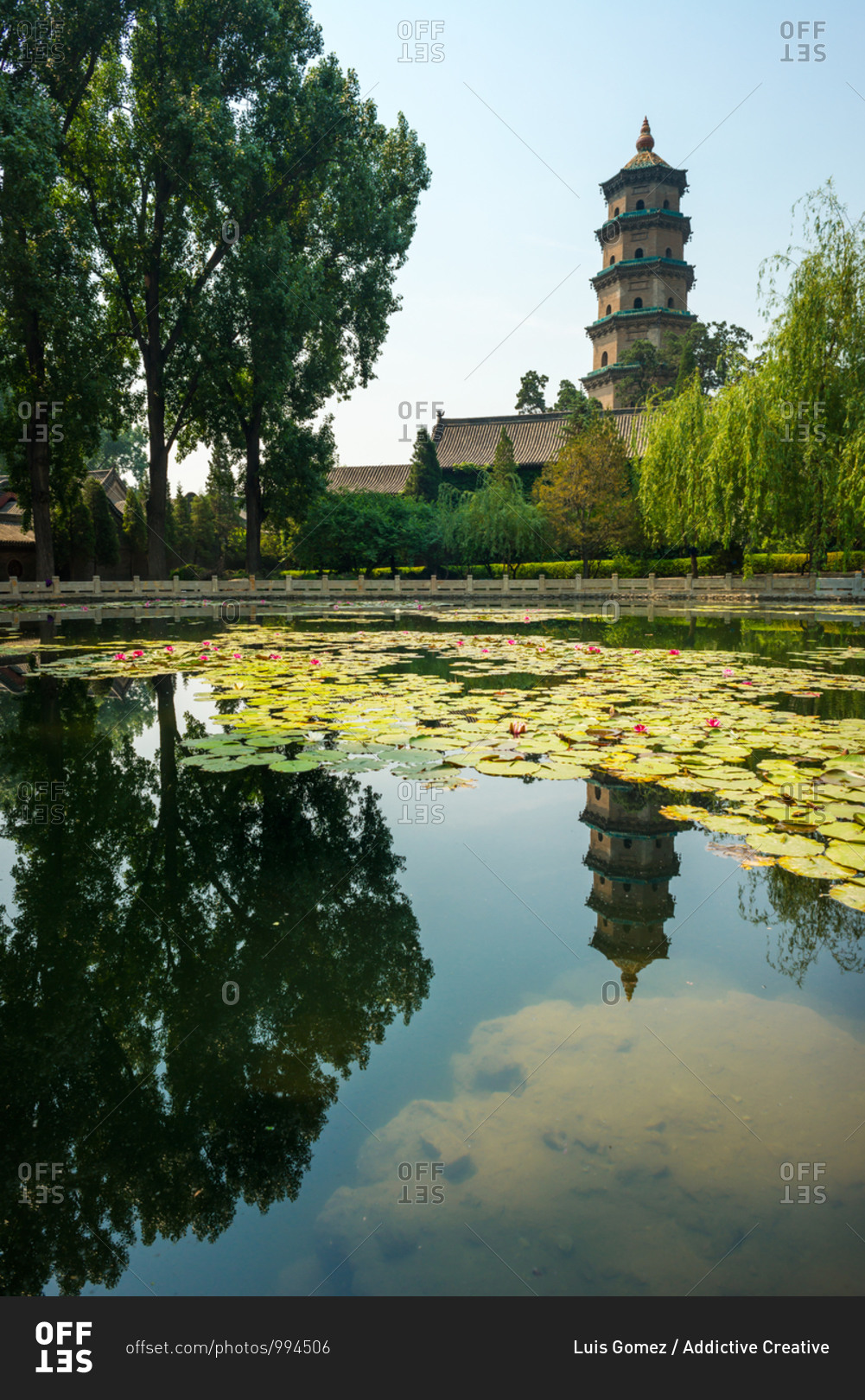 Exterior of oriental temple located in lush garden with lake on sunny day in Shanxi
