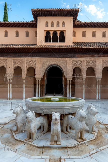 Granada, Spain - January 0, 1900: Court of Lions in Alhambra palace, Granada, Spain