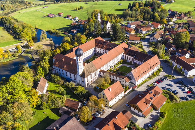 Germany- Bavaria- Upper Bavaria- Tolzer Land- Eurasburg- Aerial view of Monastery of the Salesians or Beuerberg Monastery