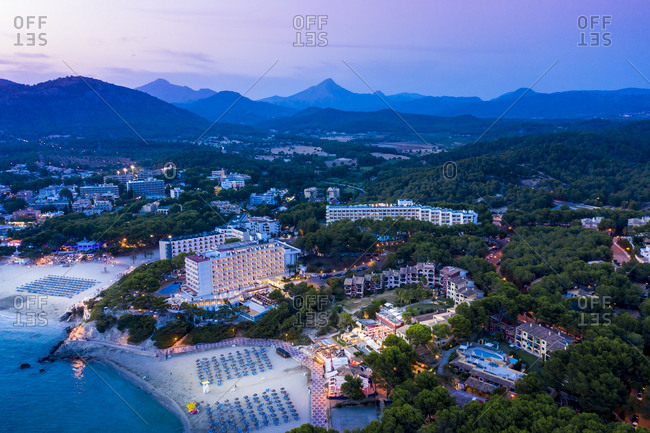 August 26, 2019: Spain- Balearic Islands- Majorca- Calvia- View from Peguera with hotels and beaches- Costa de la Calma at dusk