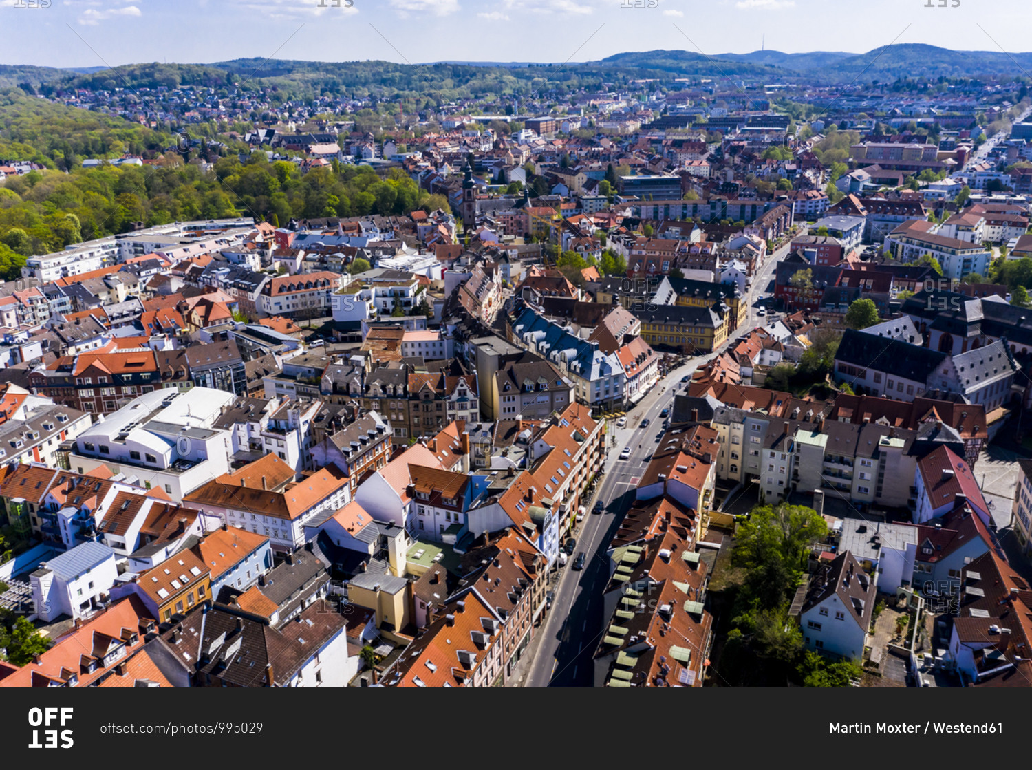 Germany- Bavaria- Aschaffenburg- Helicopter view of town in summer