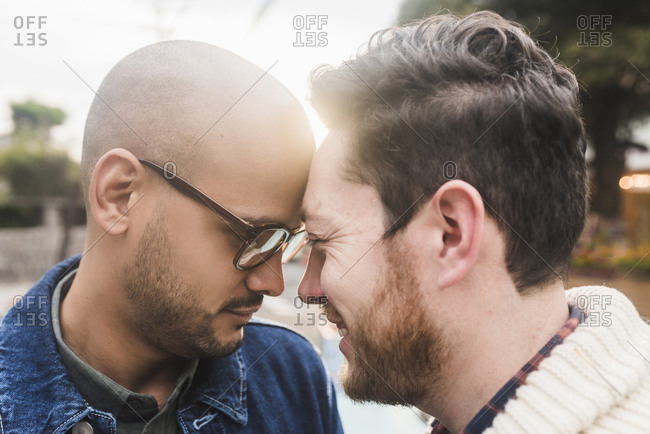 Close-up of romantic gay couple with head to head in park