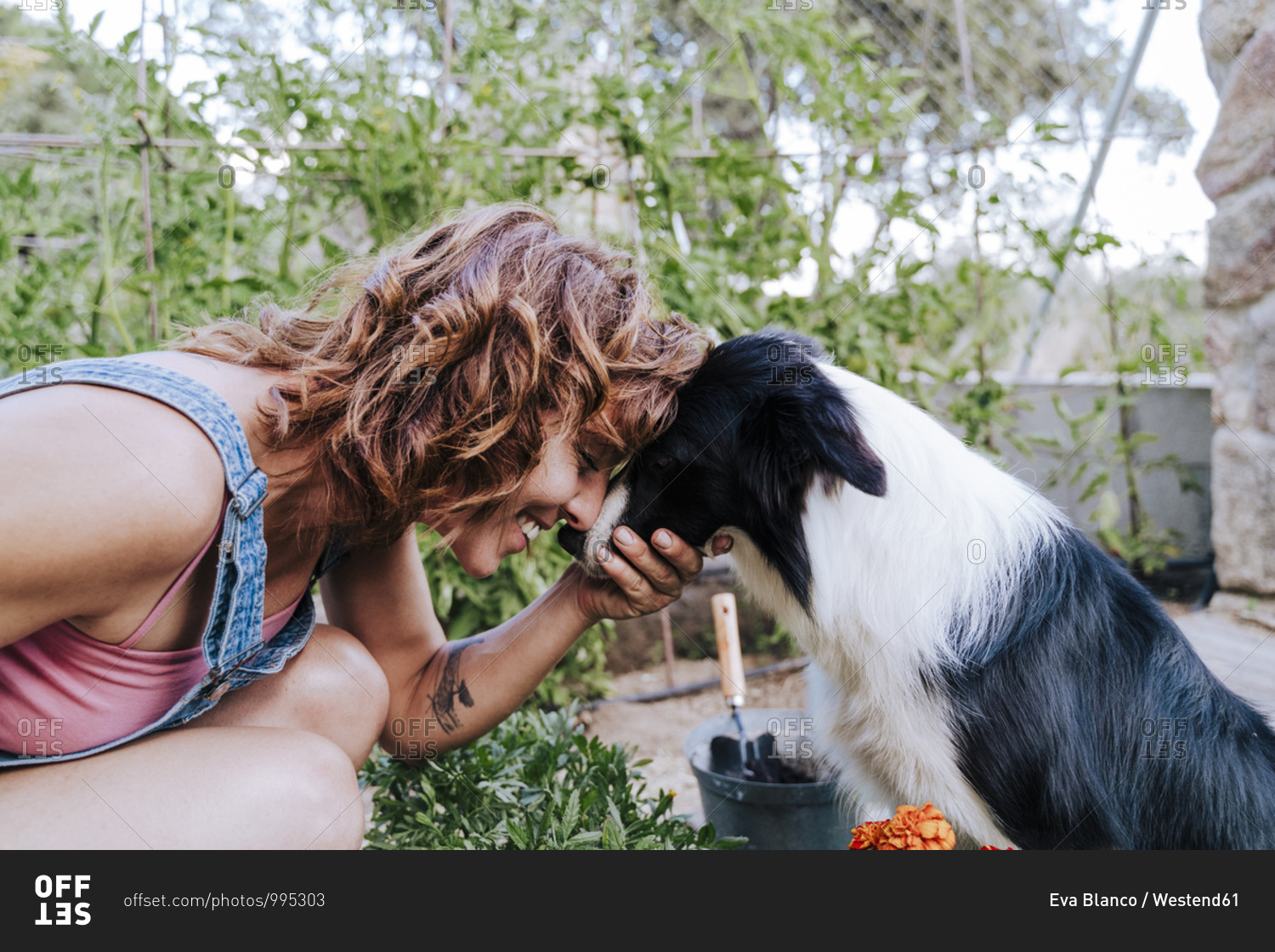 Close-up of happy woman playing with border collie in vegetable garden