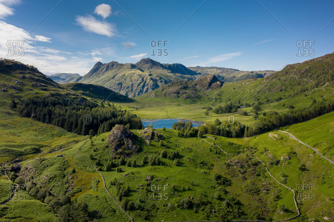 Blea tan aerial shot, the tarn is in a hanging valley between little langdale and the larger great langdale to the north, the english lake district