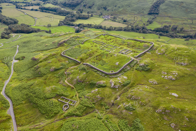 Aerial of hard knott roman fort is an archeological site, the remains of the roman fort mediobogdum, located on the western side of the hard knott pass in the english county of cumbria