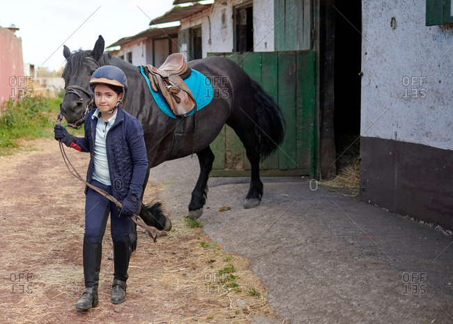 Girl in rider clothes leading black stallion with saddle by reins while walking on pathway near stable in daylight and looking at camera