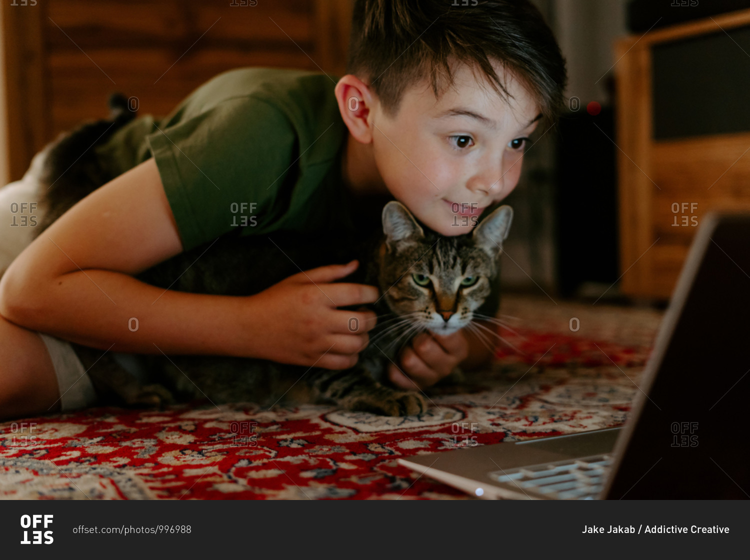 Cheerful adorable kid cuddling cat and having fun while sitting on floor and watching video on laptop