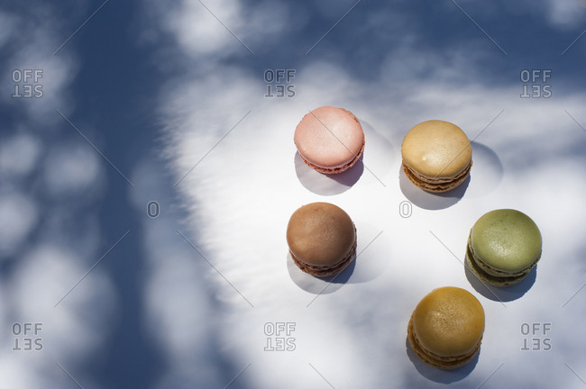 From above of various colorful macarons placed on white background on sunny day