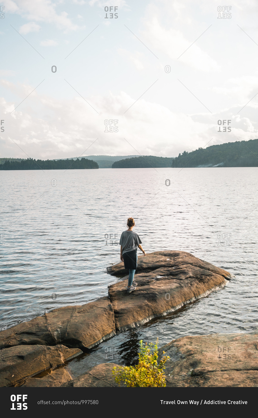 Back view of anonymous male hiker standing on stony shore near calm lake and enjoying freedom during cloudy summer day in Algonquin Provincial Park in Canada