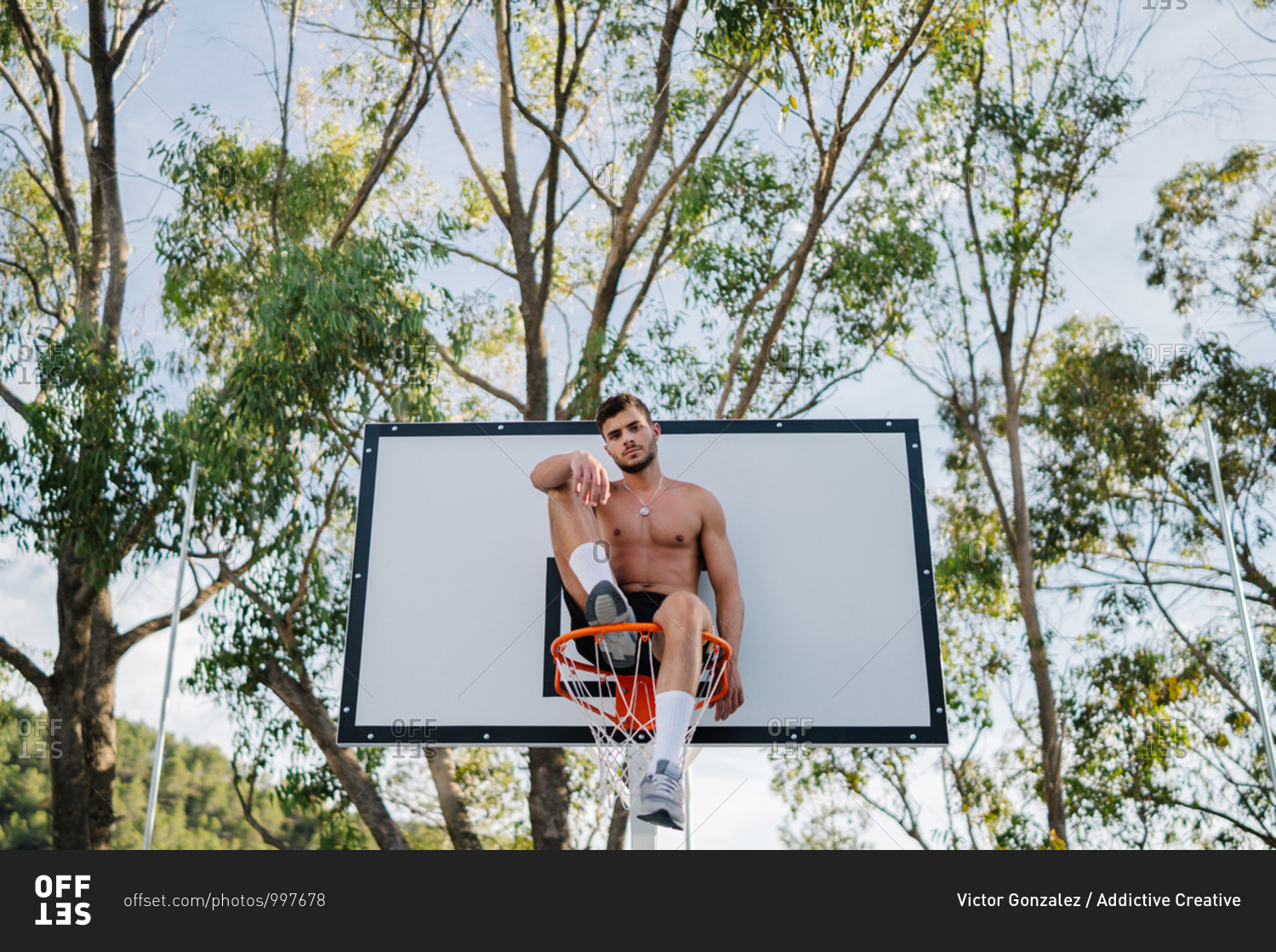 From below of male athlete in sportswear sitting on basketball hoop looking at camera