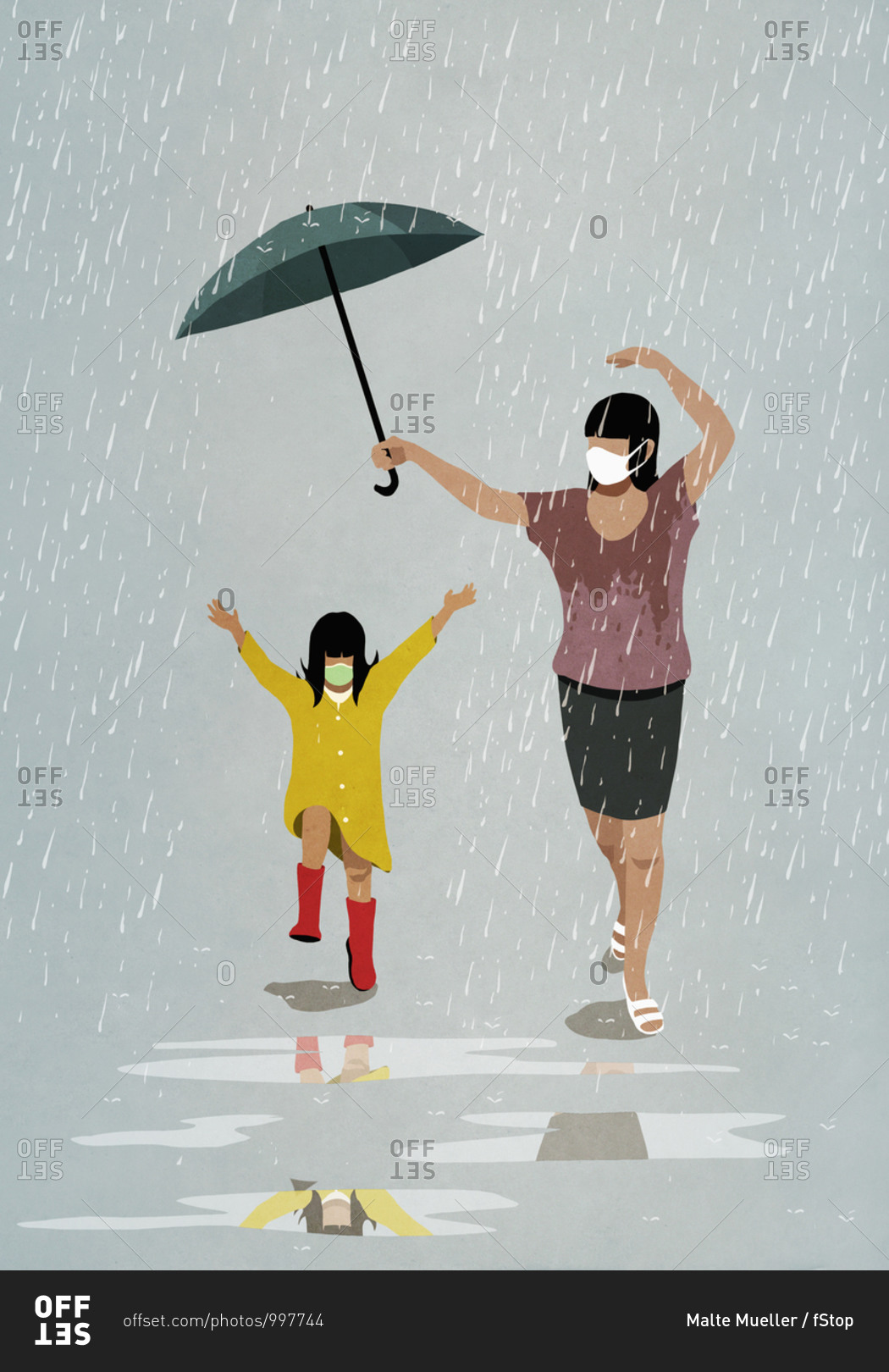 Mother and daughter in face masks running playfully in rain