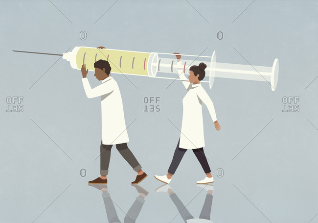 Doctors carrying a large syringe