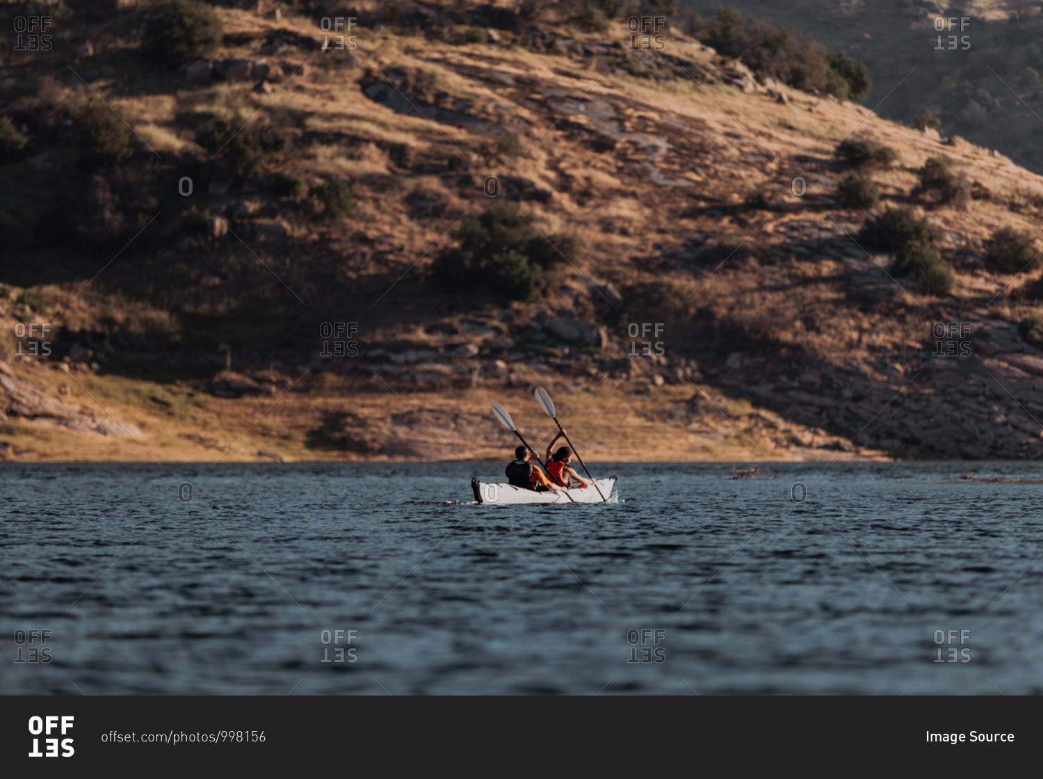 Friends kayaking in lake, Kaweah, California, United States