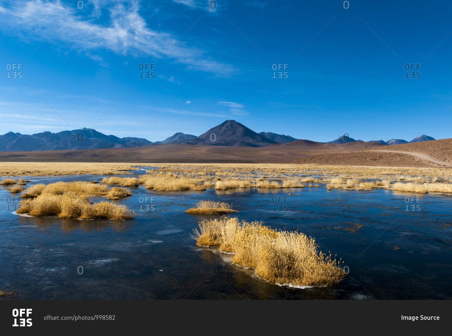 Vado Rio Putana and Putana Volcano, water and reed islands in a river, and view of mountains, Atacama Desert, Chile