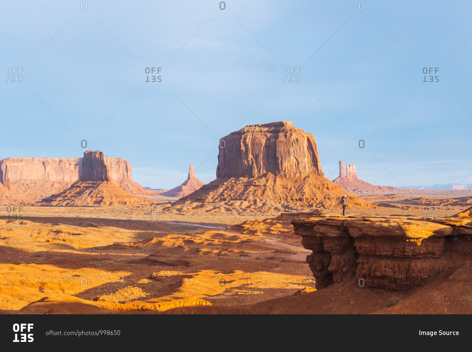 The view across buttes and sandstone formations in Monument Valley.