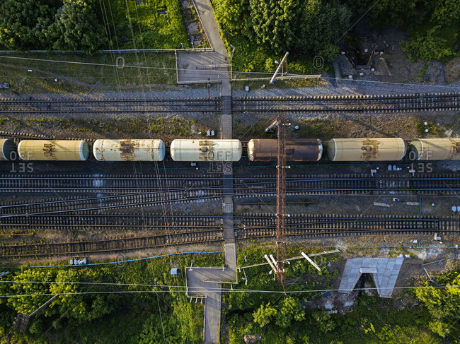 Russia- Leningrad Oblast- Tikhvin- Aerial view of stationary railroad cars