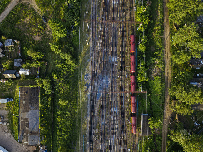 Russia- Leningrad Oblast- Tikhvin- Aerial view of stationary railroad cars