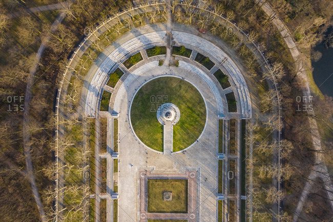 March 26, 2020: Germany- Berlin- Aerial view of Treptower Park Soviet War Memorial in autumn