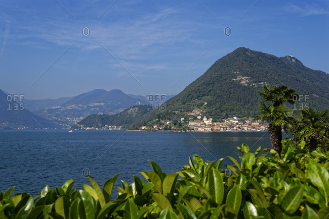 Italy- Lombardy- Monte Isola- Sulzano- Lake Iseo surrounded with mountains