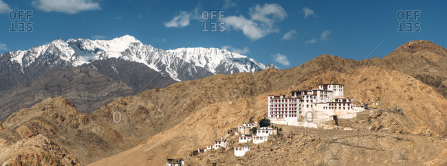 India- Ladakh- Panorama of secluded Buddhist monastery in Himalayas