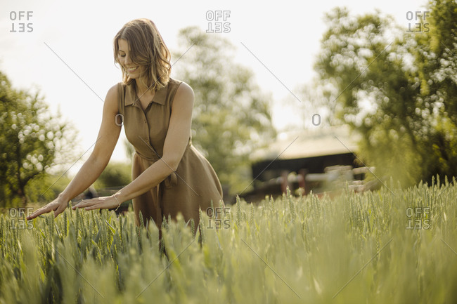 Young woman in a grain field in the countryside touching ears