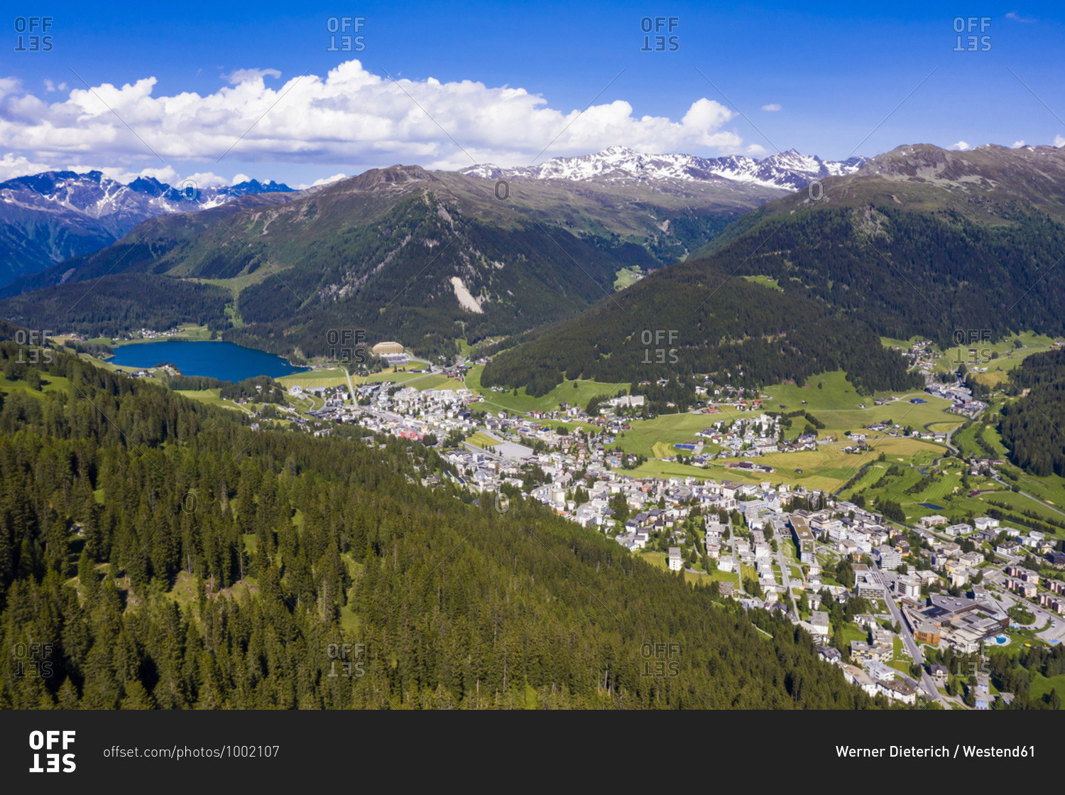 Switzerland- Canton of Grisons- Davos- Aerial view of alpine
town in summer stock photo - OFFSET