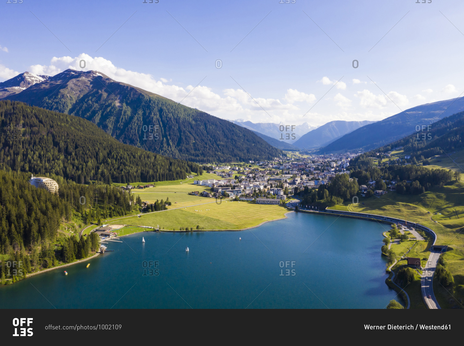 Switzerland- Canton of Grisons- Davos- Aerial view of Lake Davos in summer