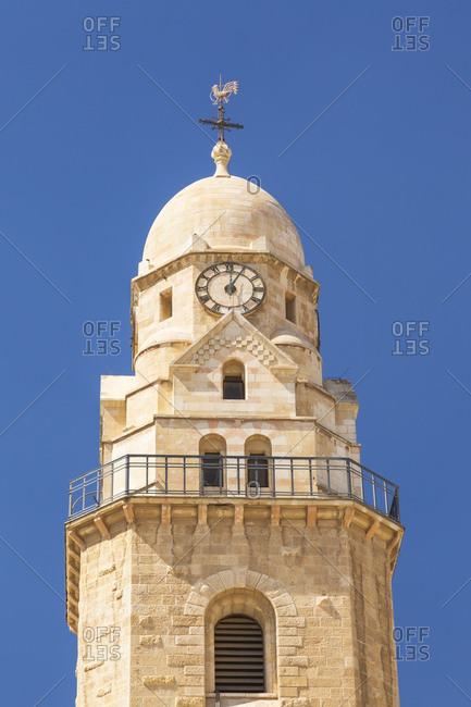 The Benedictine Dormition Abbey bell tower, Mount Zion, Old City of Jerusalem, Israel.