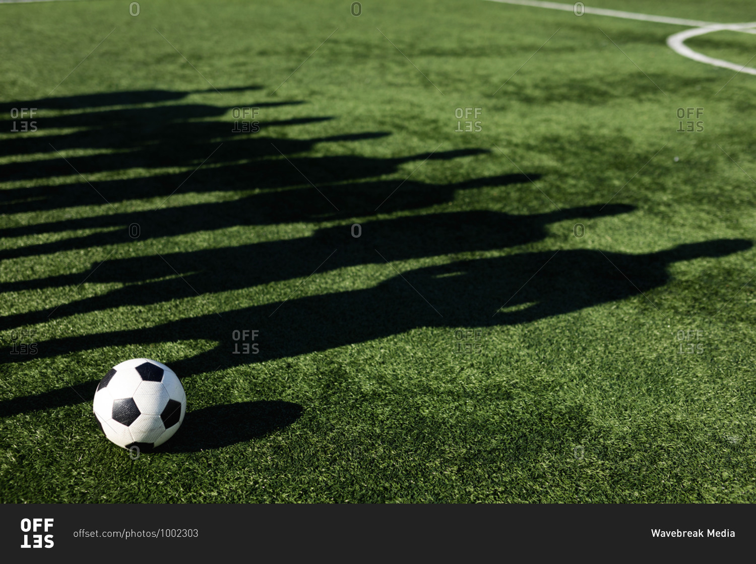Shadow on grass pitch of group of male football players training at a sports field in the sun, standing next to each other ball next to them.