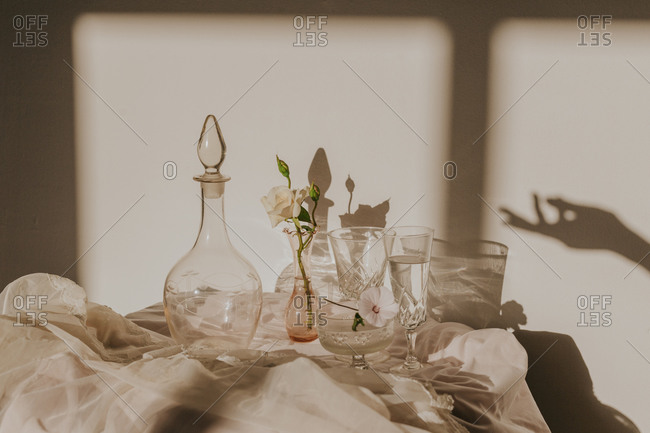 High angle of anonymous person hand shadow on wall over white delicate flowers in small vase placed on table covered with tulle and arranged with vintage styled glasses and decanter