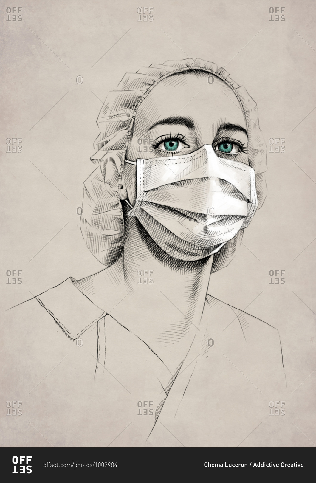 Drawing of young female medic with blue eyes wearing uniform and surgical mask