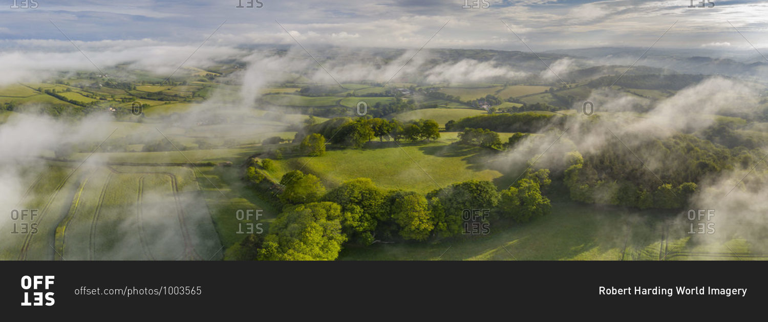 Aerial vista of Cadbury Castle Iron Age Hillfort, Devon, England, United Kingdom, Europe