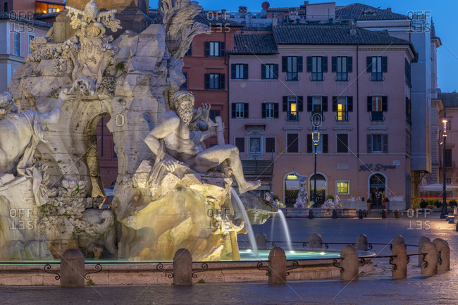 March 15, 2019: Fontana dei Quattro Fiumi (Fountain of the Four Rivers), River God Ganges, Piazza Navona, Ponte, Rome, Lazio, Italy, Europe
