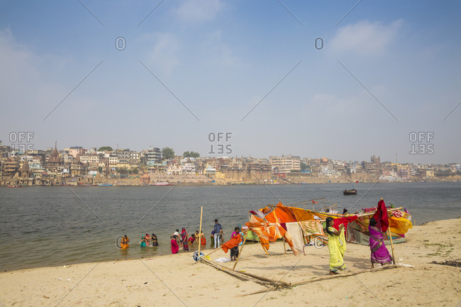 February 17, 2019: Hanging up washing on banks of Ganges River, Varanasi, Uttar Pradesh, India, Asia