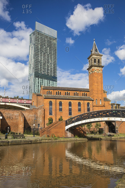 August 15, 2015: Deansgate, 1761 Bridgewater Canal and Beetham Tower (Hilton Tower), Manchester, Greater Manchester, England, United Kingdom, Europe