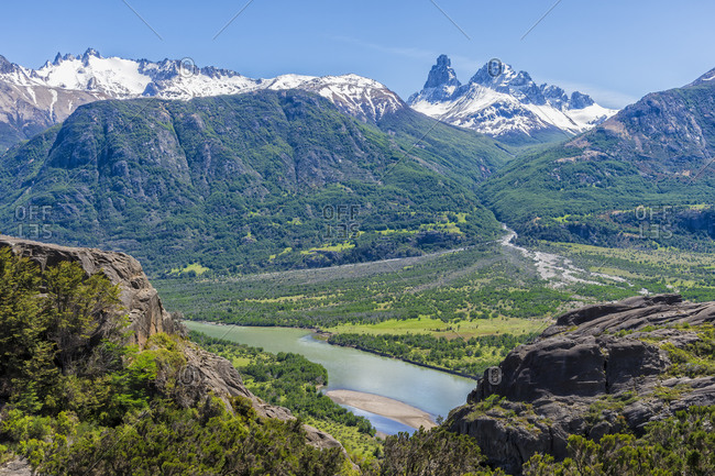 Castillo mountain range and Ibanez River wide valley viewed from the Pan-American Highway, Aysen Region, Patagonia, Chile, South America