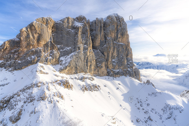 Aerial view of west ridge and south face of Punta Penia in winter, Dolomites, Trentino-Alto Adige, Italy, Europe