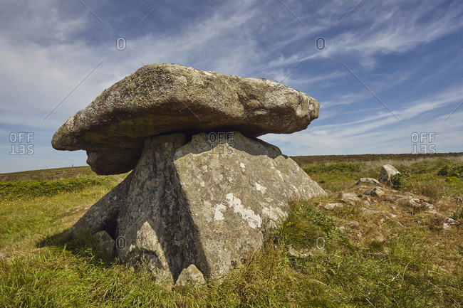 Granite blocks in the prehistoric remains of a Neolithic burial chamber, Chun Quoit, near Morvah, near Penzance, in the west of Cornwall, England, United Kingdom, Europe