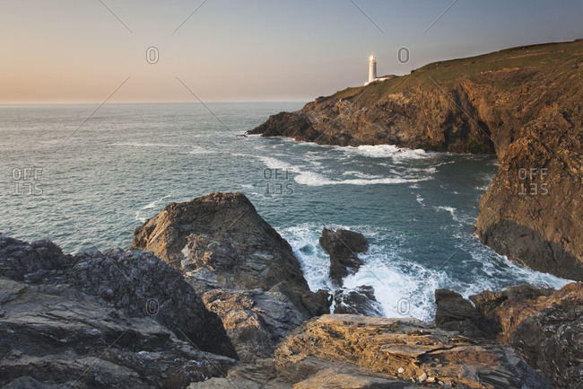 A peaceful dusk on Cornwall\'s Atlantic coast, showing the lighthouse at Trevose Head, near Padstow, Cornwall, England, United Kingdom, Europe