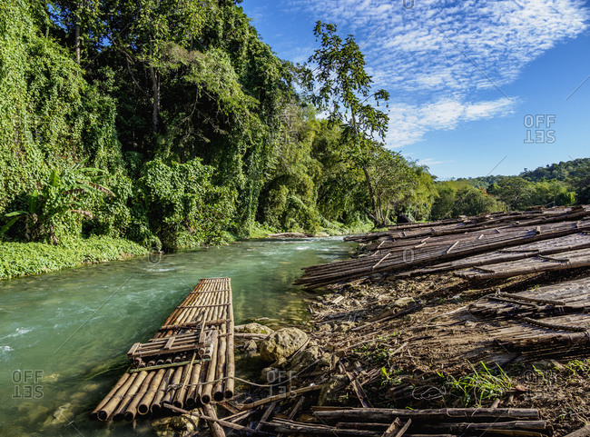 Rafts at the river bank of Martha Brae, Trelawny Parish, Jamaica, West Indies, Caribbean, Central America