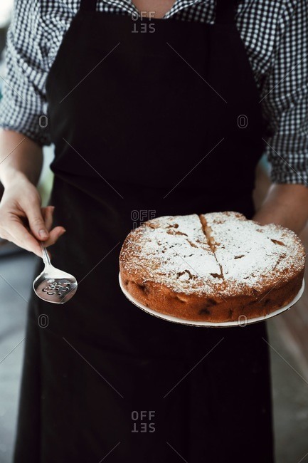 Person holding cake topped with powdered sugar
