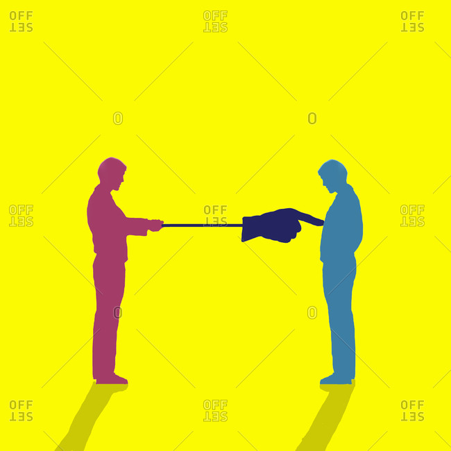 Social distancing, conceptual illustration. Two men one with a pole and large hand keeping the other man at the distance.