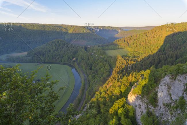 View at danube river, Oberes Donautal (Upper Danube valley), Irndorf, Beuron, Swabian Alb, Baden-Wurttemberg, Germany