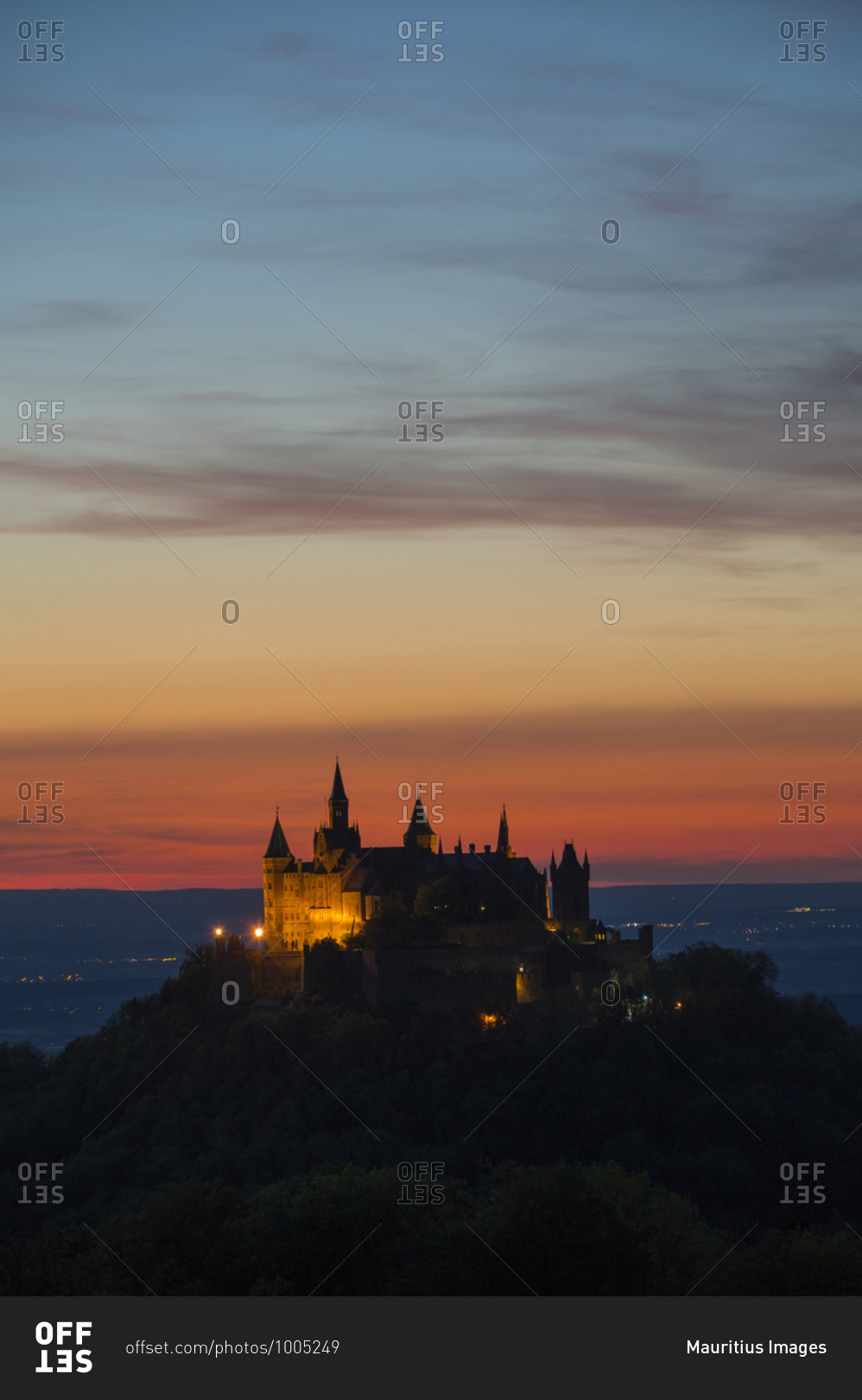 Burg Hohenzollern at sunset, view from mount Zeller Horn, Swabian Alb, Swabian Jura, Bisingen, Baden-Wurttemberg, Germany