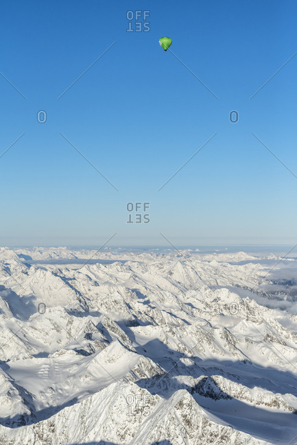 January 5, 2020: Seefeld, Tyrol, Austria, Europe. Crossing the Alps in a hot air balloon. Drive across the Stubai Alps