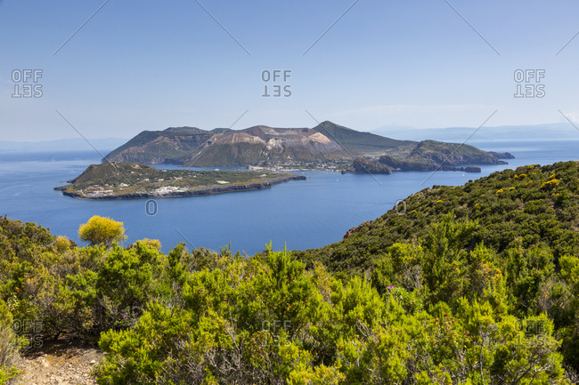 The islands of Vulcanello and Vulcano seen from Lipari, Aeolian or Aeolian Islands, Sicily, Italy