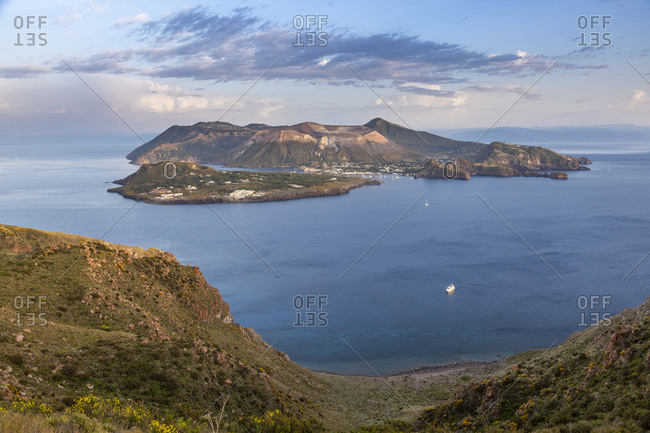 The islands of Vulcanello and Vulcano seen from Lipari, Aeolian or Aeolian Islands, Sicily, Italy