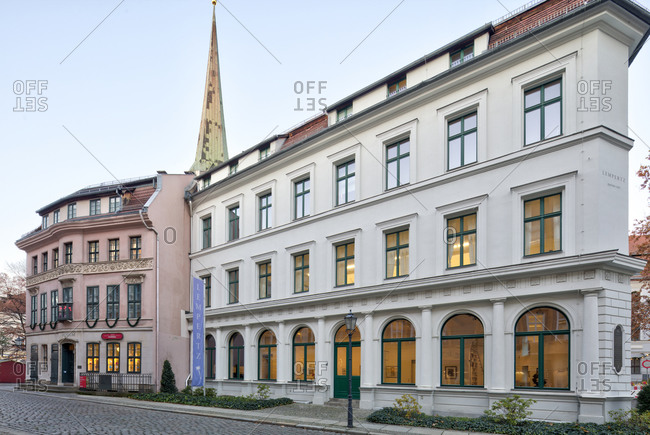 December 5, 2019: Kunsthaus Lempertz, auction house, house facade, blue hour, Nikolaiviertel, Berlin's historic center, Berlin, Germany
