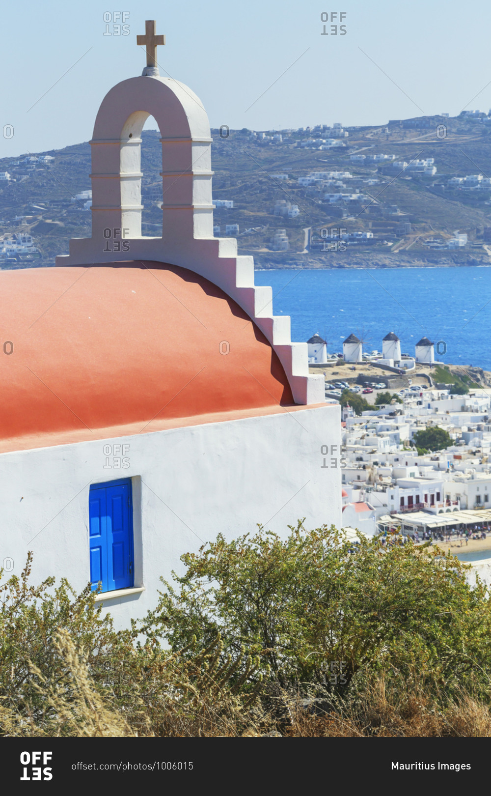 Greek orthodox chapel overlooking Mykonos Town, Mykonos, Cyclades Islands, Greece